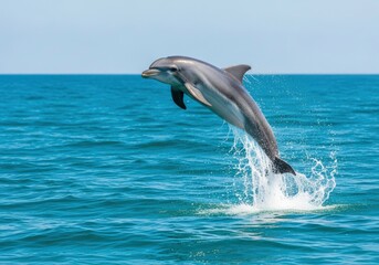 Fototapeta premium Bottlenose dolphin jumping out of the blue ocean.
