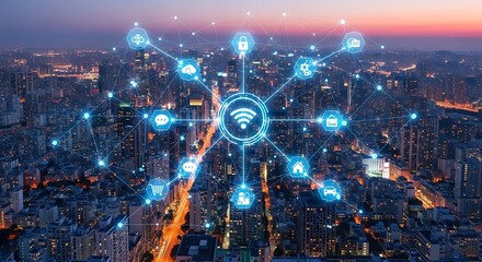 Digital network overlaying a cityscape, showing connectivity and smart city technology.