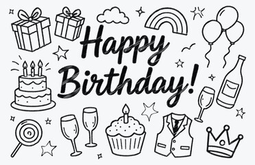 Happy Birthday Doodle Icon Set. Black and white hand drawn vector illustration of party and celebration elements. Sketch graphic clipart of a cake, gifts, and balloons for a card design.