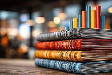 Stack of colorful books with bar graphs