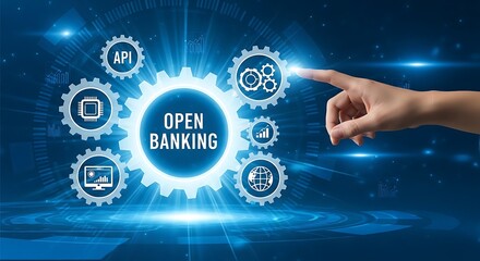 A hand points to a digital interface showcasing the concept of Open Banking, featuring interconnected gears and various icons.