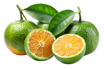 Fresh green oranges with sliced halves and leaves