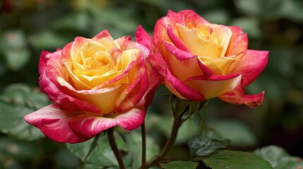 Two stunning roses display a blend of pink and yellow colors, surrounded by green foliage in a vibrant garden during the spring season. The flowers highlight nature's delicate artistry.