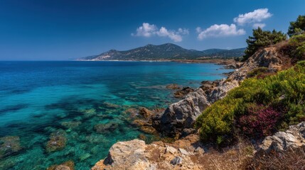 Obraz premium Rocky coastline meets clear turquoise waters under a vibrant blue sky with fluffy clouds, showcasing the natural beauty of the landscape during midday.