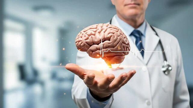 Medical professional presenting a 3D model of the human brain, symbolizing neurological science, health, and advanced medical research in a modern clinic setting.