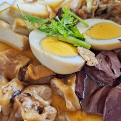 Thai braised egg tofu with pork blood and herbs