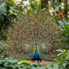 Obraz premium Majestic peacock displaying its vibrant feathers in a lush tropical garden.