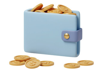 青色の財布から溢れる金色のコインが透明な背景に散らばる3Dレンダリング