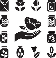 seed, planting, sowing, germination, agriculture, conservation, seed, bank, gardening, hobby, spring, season, icon, set, vector