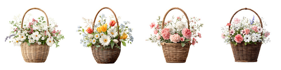 Obraz premium Floral Baskets with Flowers Collection Isolated on White