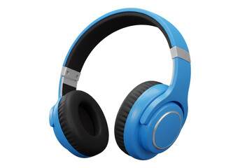 透明な背景に対するモダンな青い無線ヘッドホンの3Dレンダリングオーディオ技術の象徴