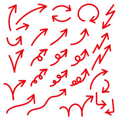 手描きのスムーズな赤い矢印。シンプルで均一なシルエット。ベクター。背景透過