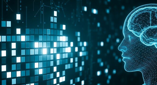Digital brain profile illuminated by data streams, representing artificial intelligence and data processing.