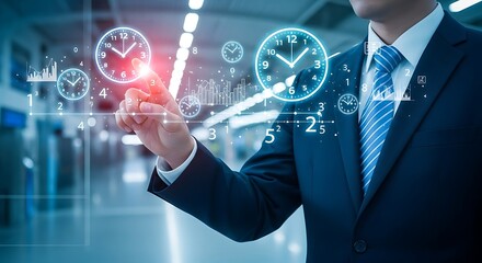 Businessman interacts with holographic time management interface.
