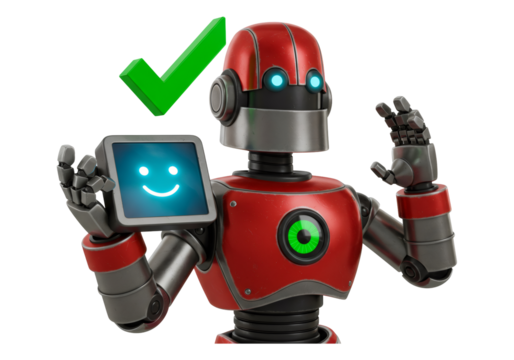 赤い金属ロボットが透明な背景にデジタルタブレットと緑色のチェックマークを表示