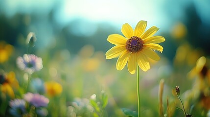 Yellow flower in a field with other flowers and a blurred background.