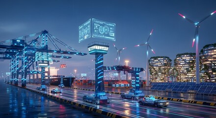 Futuristic Port with Autonomous Vehicles and Wind Turbines, Showcasing Technological Advancement and Sustainable Infrastructure Integration. 