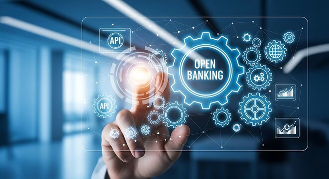 A hand interacts with a futuristic interface displaying the concept of open banking, visualized through interconnected gears and data points.