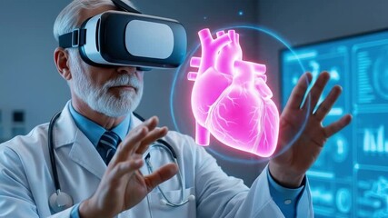 Doctor wearing virtual reality goggles examines a glowing pink heart Advanced technology offers innovative medical diagnosis or treatment solutions for healthcare professionals - Powered by Adobe