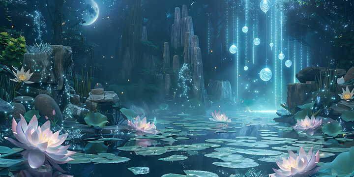 Enchanted moonlit pond with glowing lotus flowers and magical waterfall