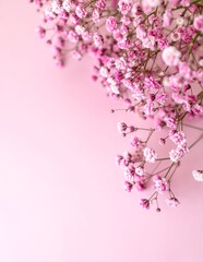 A delicate arrangement of soft pink flowers, including peonies and roses, gracefully set against a subtle, light pastel background, creating a serene ambiance.