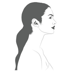 A minimalist, grayscale line art illustration depicts a woman in profile. Her hair is pulled back in a sleek ponytail, accentuating her elegant features and defined, dark lips.