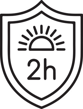 Shield icon with sun and 2h symbol representing sun protection or durability for two hours