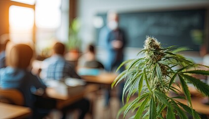 Classroom scene with marijuana plant