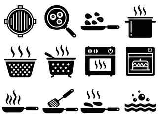 A collection of black glyph icons representing various cooking methods and kitchen equipment.
