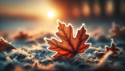 A close-up of a single autumn leaf covered in delicate frost, lying on a frosty ground