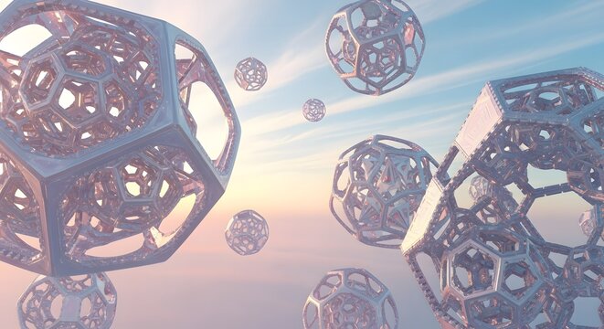 Abstract geometric shapes, intricate wireframe spheres and polyhedra, float against a soft, pastel-colored sky, creating a surreal and dreamlike atmosphere.