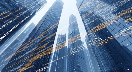 Low-angle view of tall skyscrapers with digital overlay, suggesting technology and modern architecture.