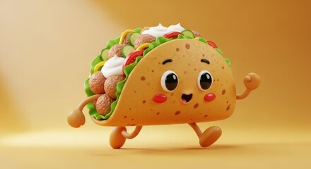 A cute 3D cartoon taco character mascot running. Funny and happy Mexican food illustration for restaurant menu or food delivery advertising