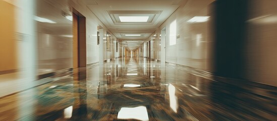 Empty hospital corridor reflecting light