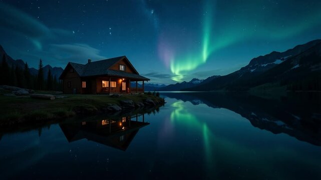 Cozy cabin by tranquil lake under stunning aurora borealis and starry night sky reflection. AI generative video