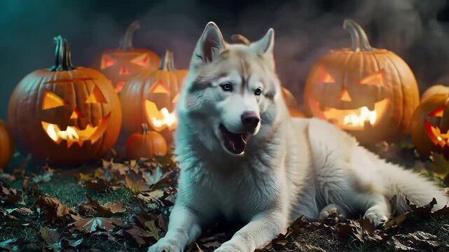 An adorable husky-like dog with fluffy fur rests on a pile of crisp autumn leaves, surrounded by a group of spooky, glowing jack-o-lanterns on a foggy night.