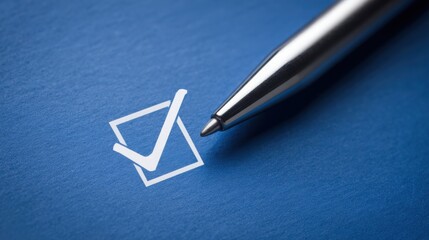 Detailed view of a pen and paper with a check mark reflecting survey progress and task completion status concept