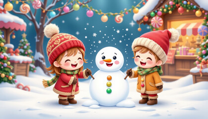 Cheerful children build snowman in winter wonderland, surrounded by festive decorations and snow covered trees. Their joyful expressions capture magic of holiday season