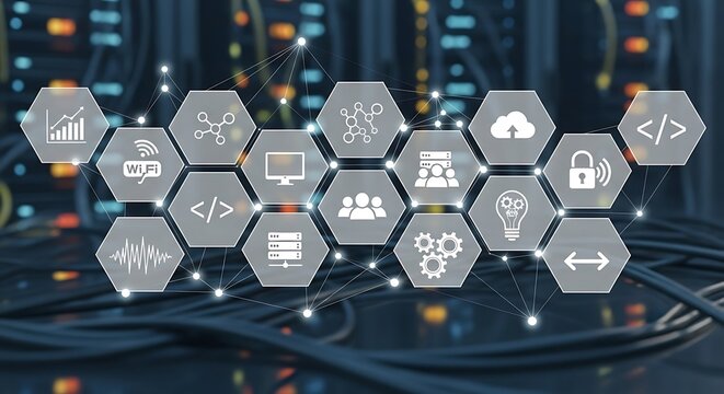 Digital network icons floating above server cables in a blurred data center environment.