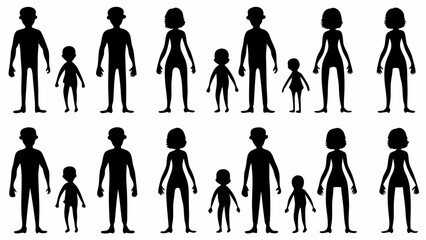 Silhouette illustrations depicting families with parents and children standing together in rows evenly spaced