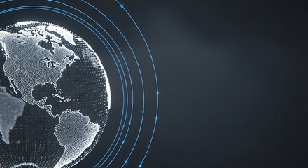 A digitally rendered globe, showcasing continents with a network of lines and circles.