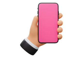 背景にピンクの画面を持つ携帯電話を持っている手の3Dレンダリング