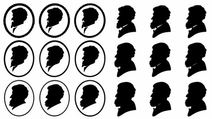 Silhouette portraits of bearded men in circles and standalone profiles in black and white illustration