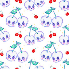 Kawaii Cherry Skulls Seamless Pattern Cute Pastel Goth Halloween Design on Transparent background
