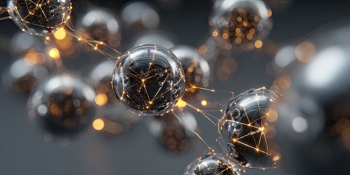 Abstract spheres connected by luminous lines in a dark gray background