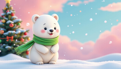 Cute polar bear wearing green scarf stands in snowy landscape, surrounded by decorated Christmas tree. scene is cheerful and festive, evoking sense of joy and warmth during holiday season