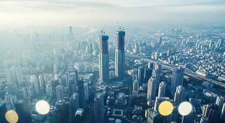 Aerial view of a dense cityscape with skyscrapers under construction, shrouded in a hazy atmosphere.