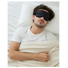 Man Sleeping Peacefully With Eye Mask And Blanket, White Background