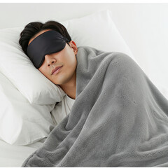 Man Sleeping Peacefully With Eye Mask And Blanket, White Background