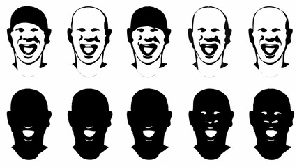 Illustration showing a group of stylized faces with exaggerated features expressing laughter and joy in rows